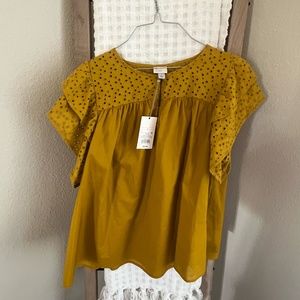 NWT Size Large Yellow Detailed Embroidery Ruffle Short Sleeve Eyelet Blouse